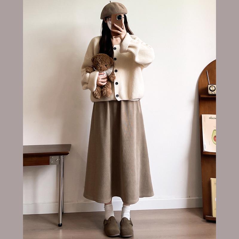 

Women s High Waist Khaki Velvet Midi Skirt - Autumn/Winter A-Line, Slim Fit, Hip-Covering with Plus Size Options S