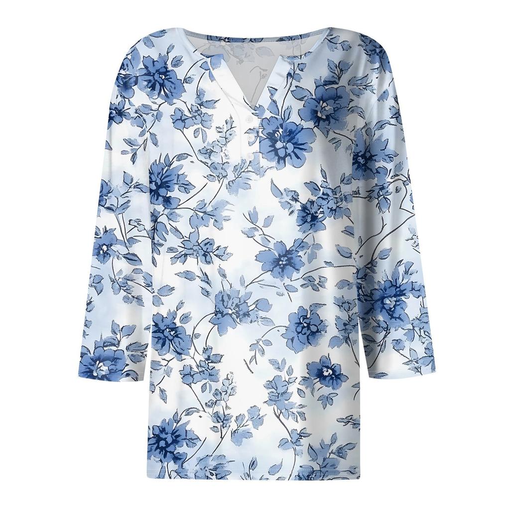 Damen T-Shirt mit Aufdruck, Knopfleiste, 3/4-Ärmel, für den Alltag, Wochenendmode, Basic, V-Ausschnitt, normales Oberteil