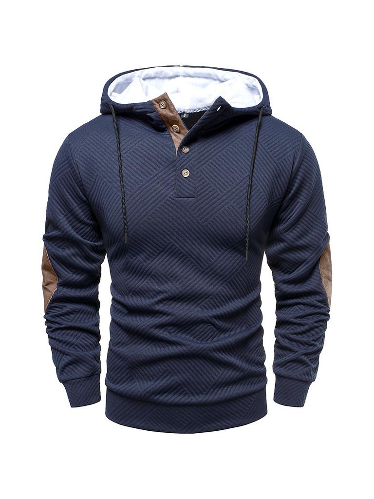 Herfst Nieuw Heren Casual Getextureerd Hoodie met Knoopsluiting & Elleboogstukken Mode Sportkleding Heren Bovenkleding