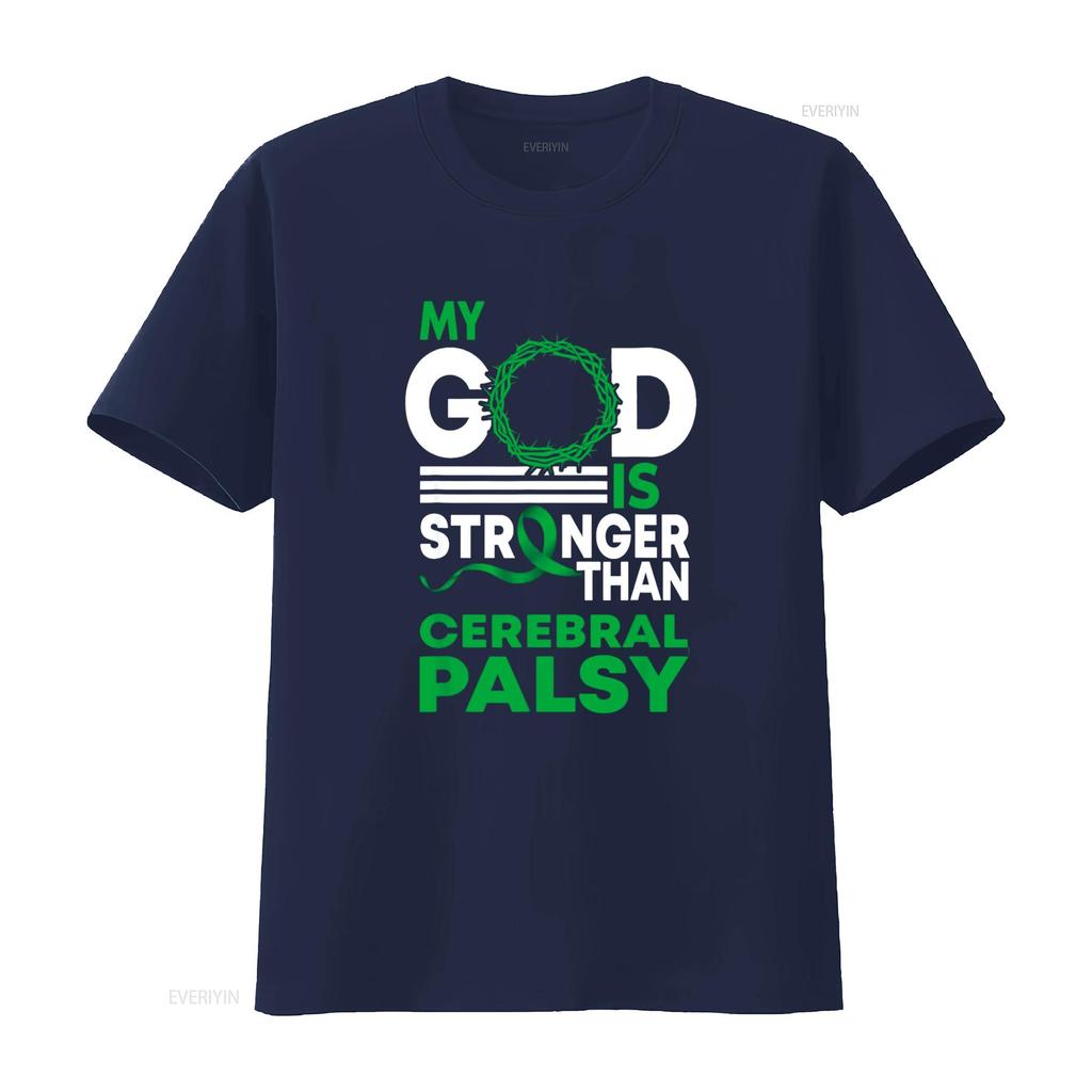 My God Is Stronger Than Cerebral Palsy Awareness Ribbon T Shirt vintage Washed Casual Unisex Top For Everyday Wear Comfortable
