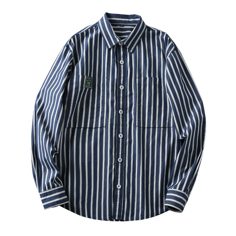 Japanese Style Classic Cotton Export Tail Goods Men Spring and Autumn Pure Cotton Stripes Loose Long Sleeve Shirt Outwear Men