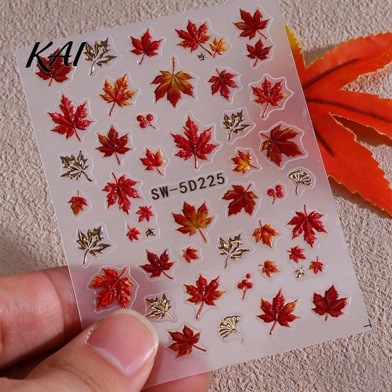 Autumn Theme Nail Art Maple Leaf Stickers, Self-Adhesive Fall Leaves Decals, Decals Women Embossed Manicure Stickers for Home and Salon Use