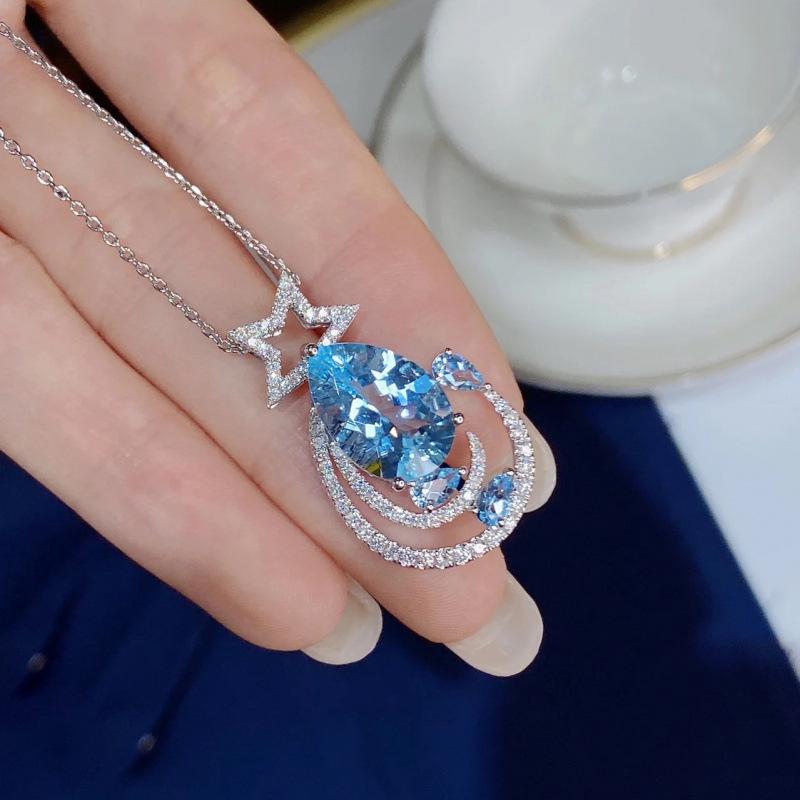 Summer Stars  Moonlight Blue Zirconia Diamond Necklace  Earrings Set - Luxury Fresh Gift for Girls