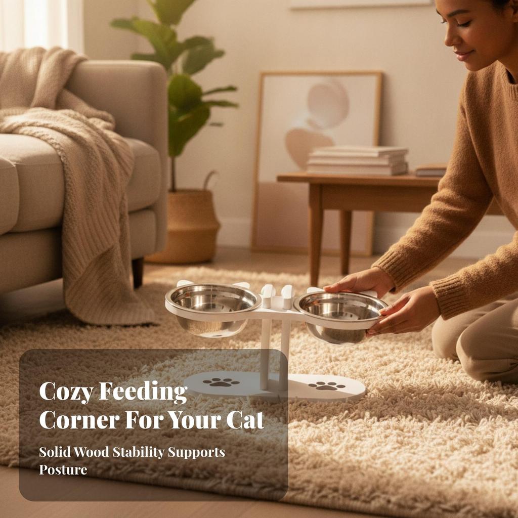 Wooden Pet Feeding Stand with Stainless-Steel Bowls Modern for Kitchen