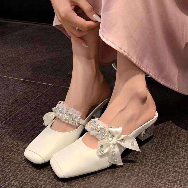 Fashion Female Shoes on Sale 2025 Fashion Closed Toe Women's Slippers Elegant Rhinestones Bow Tie Sandals Outdoor Daily Dress Slippers