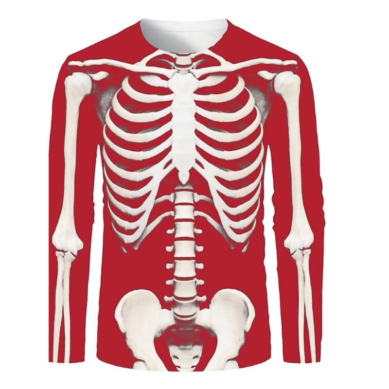 Summer Round Neck 3D Skull Pattern Printed Top, Fashionable and Casual Men's Long Sleeved T-shirts