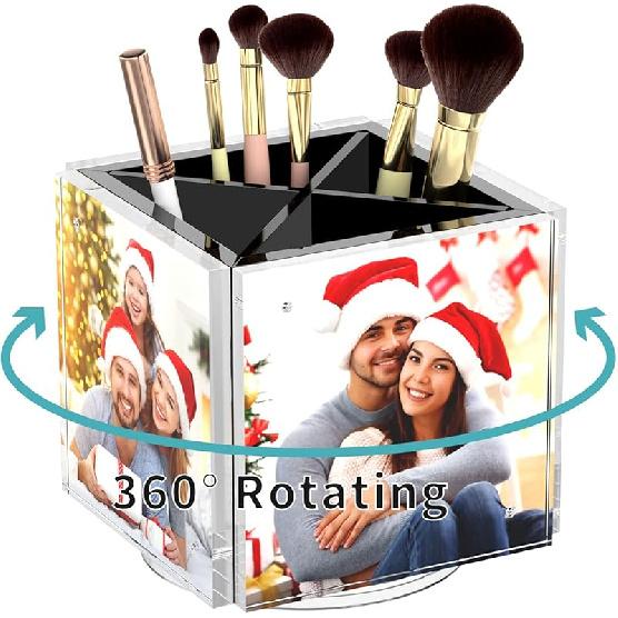 HIIMIEI Acrylic Rotating Pen Holder for Desk, Pencil Holder Picture Frame Holds 4 Family Photos of 4 x4 , Desk Pen holder Organizer for Office,