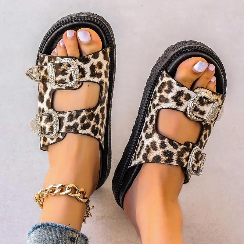Fashion Women's Sandals High Quality Leopard Metal Buckle Design Slippers Sexy Comfort Non Slip Slide Sandals Summer Platform Flip Flops