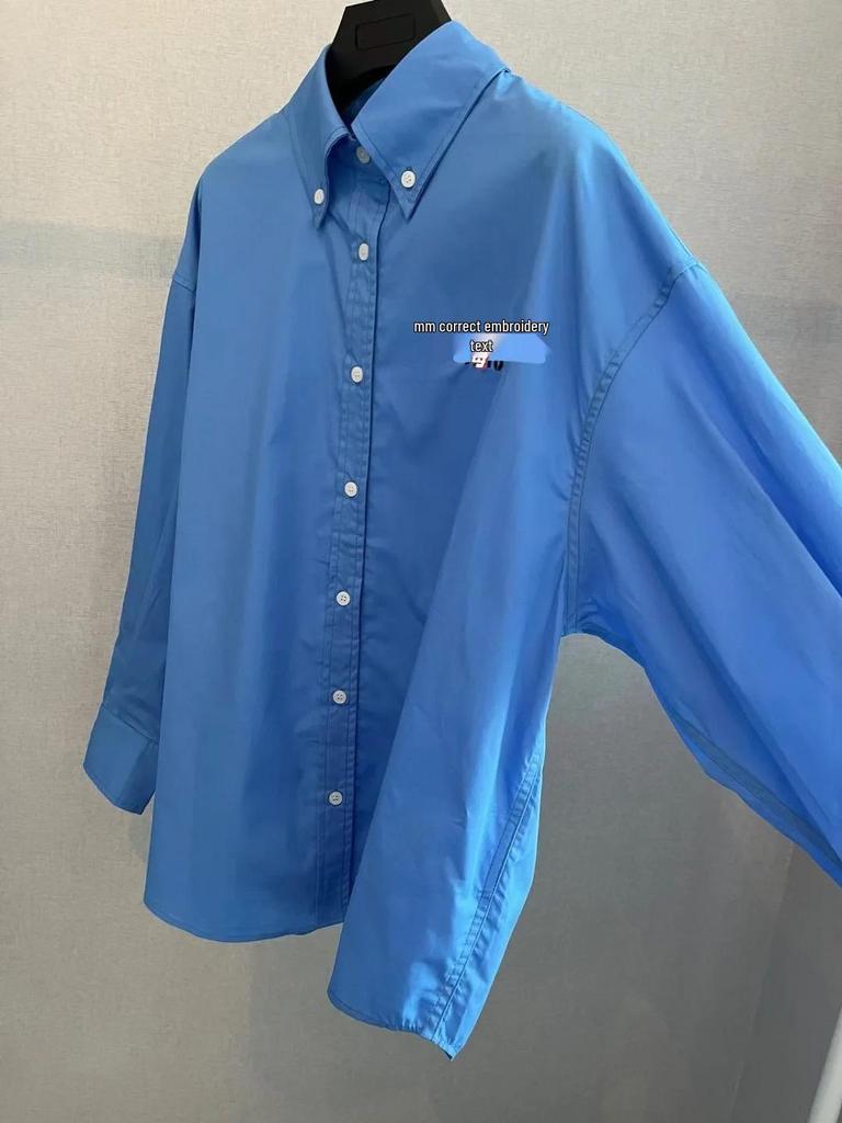 Nanyou Unisex Blue MM Letter Embroidery Long-Sleeve Shirt
