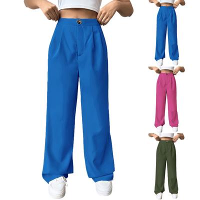 Women  Elastic High Waist Pant Casual Active  Fit Wide Leg Long Pants Trousers With Pockets