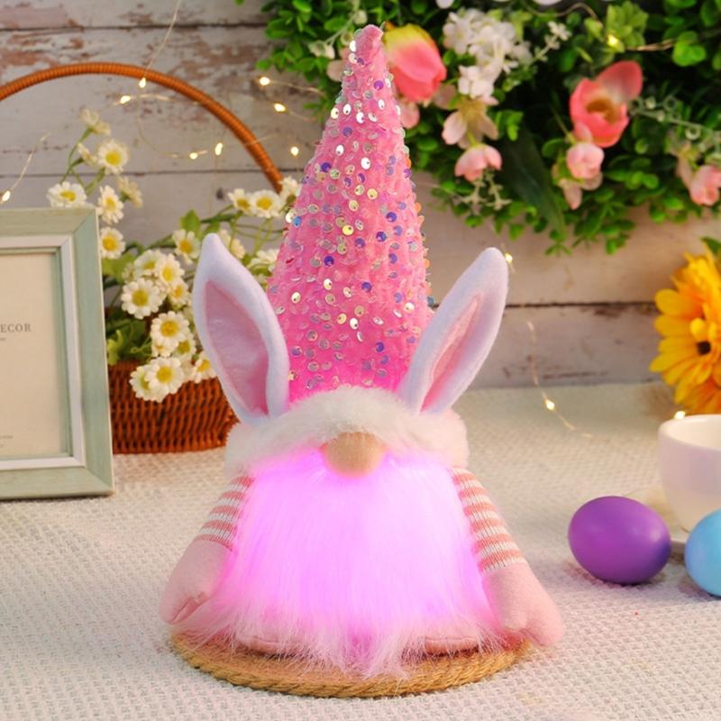 Easter Gnome Sequins Rabbit Faceless Doll with LED Light Ornaments for Spring Swedish Tomtes Dwarfs Home Decorations
