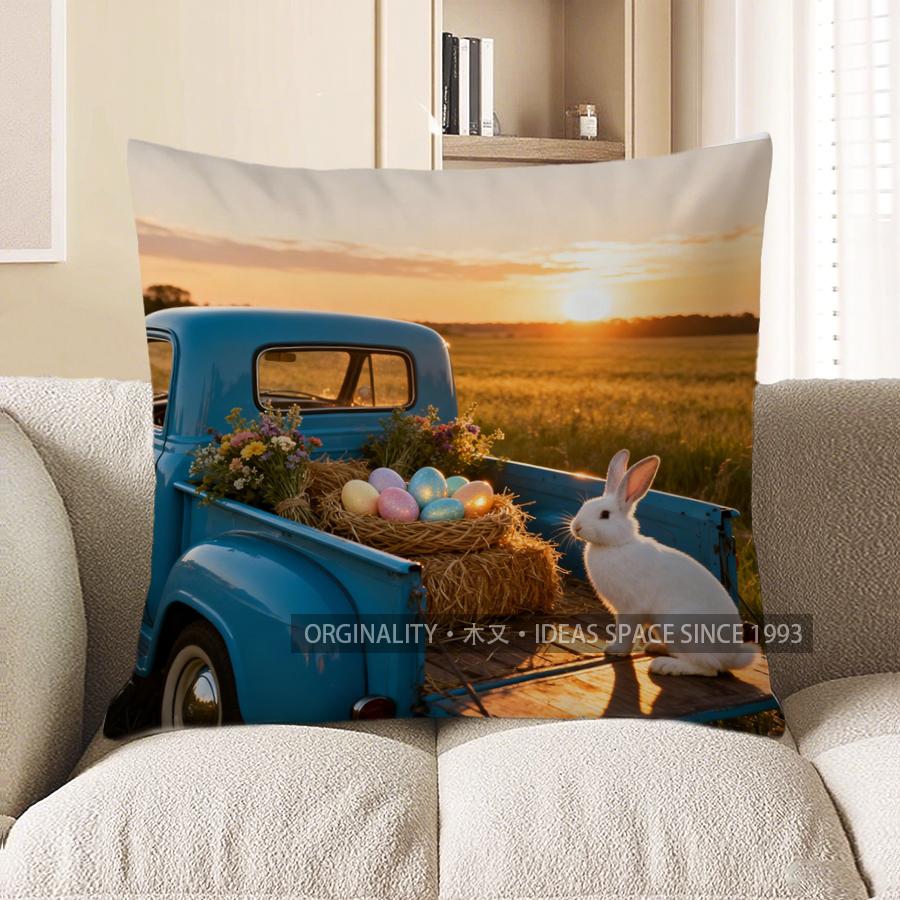 

2D Blue Truck With Bunny And Easter Eggs Pillow Cover Pattern Cushion Cover Suitable For Sofa Bedroom Car Pillow Cover 40x40cm