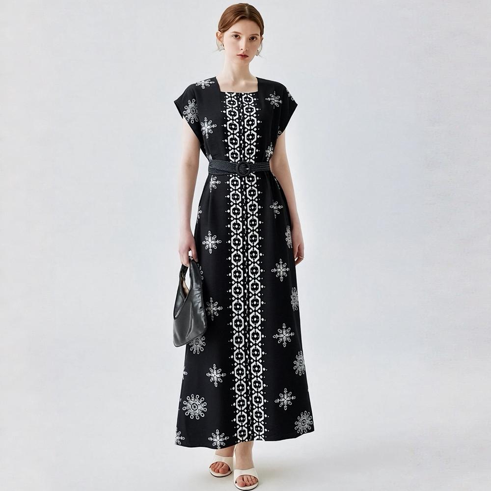 Women's Square Collar Sleeveless Loose Summer Dress Bohemian Vintage Print Long Maxi Dress with Belt