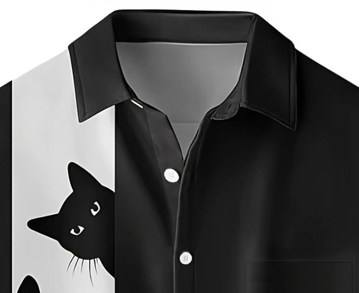 Aspersio Short Sleeve Cat Print Collared Retro Patterned and Flashy Top for Street Cat Print Summer Wear Shirt, Unique, Fun, Men, Cool, Colorful,
