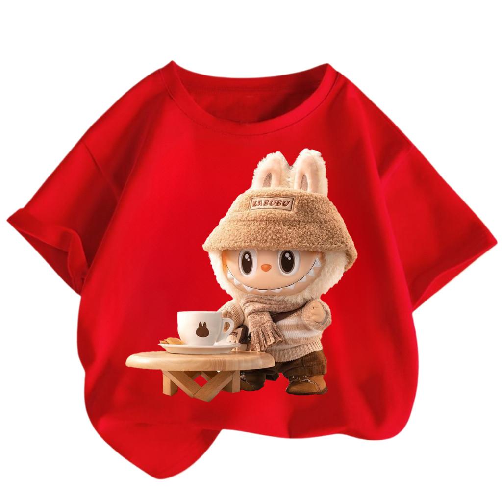 Children's Labubu T-shirt Cartoon Print Girl Short Sleeved Round Neck Top New Fashionable Loose T-shirt