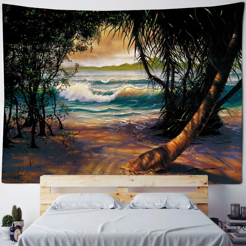 Retro Oil Painting Tapestry, Ocean View, Home Wall Hanging Fabric, Bohemian, Aesthetics, Living Room, Bedroom, Wall Decoration