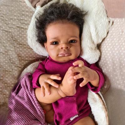 20'' 50 Cm Realistic Black Skin Reborn Doll Lanny Africa America Tan Skin Newborn Doll with Handmade Rooted Curly Hair Imitation Baby Dolls for Kids