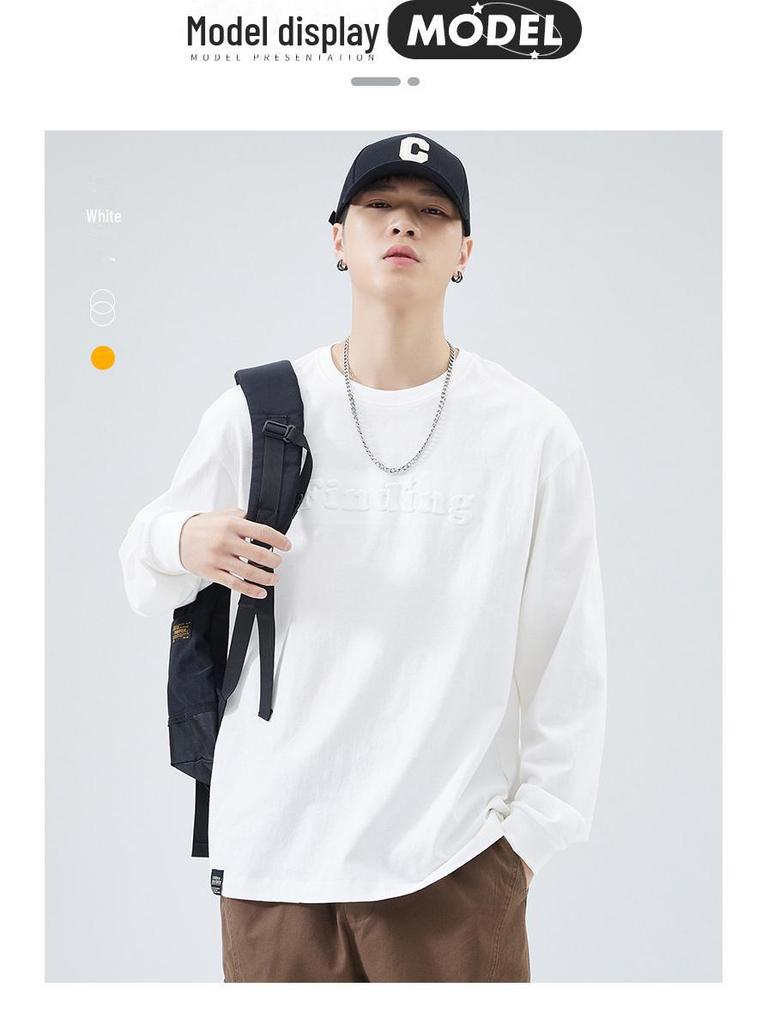 Męski T-shirt z długim rękawem z grubej bawełny - Biały z okrągłym dekoltem, nadruk stalowy, luźny krój, kolekcja jesienna