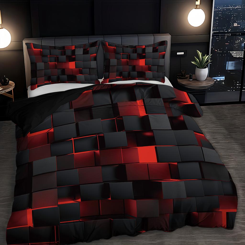 3pc Bed Set with Black and Red Plaid Print, Including Bed Sheets and Two Pillowcases, Suitable for Bedroom Rooms