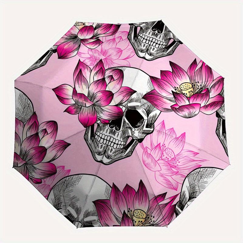 Skull & Lotus Flower Patterned Circular Umbrella, Portable 3-Fold Umbrella for Men & Women,Christmas Gift ES294