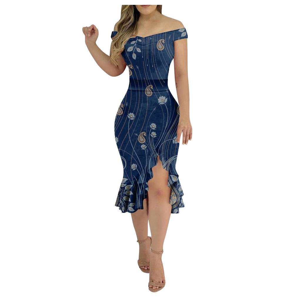 Women's Casual Party Dresses Flower Print Irregular Hem One Shoulder Sexy Backless Mermaid Dress