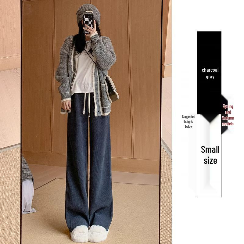 Women's High-Waisted Black Fleece-Lined Floor-Length Pants - 145cm, Straight-Leg/Narrow/Wide-Leg, Autumn/Winter, Petite 150
