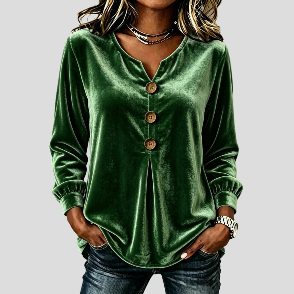 Women's Elegant V-Neck Velvet Blouse Buttoned Solid Color Long-Sleeve Soft Velvet T-Shirt Top