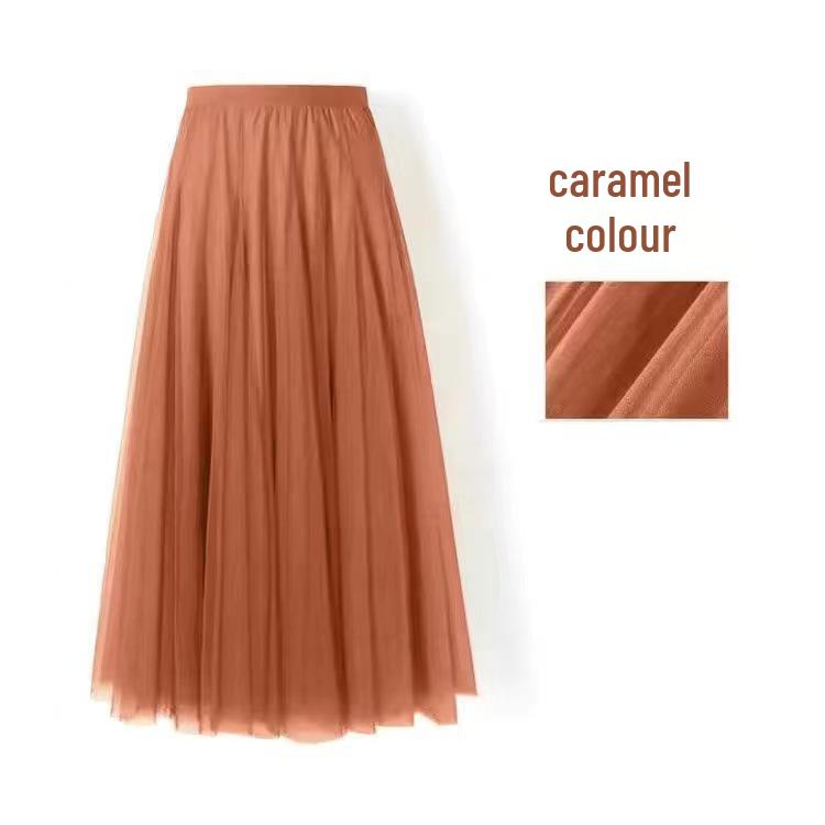 Women's High-Waist Mid-Length Pleated Mesh Skirt