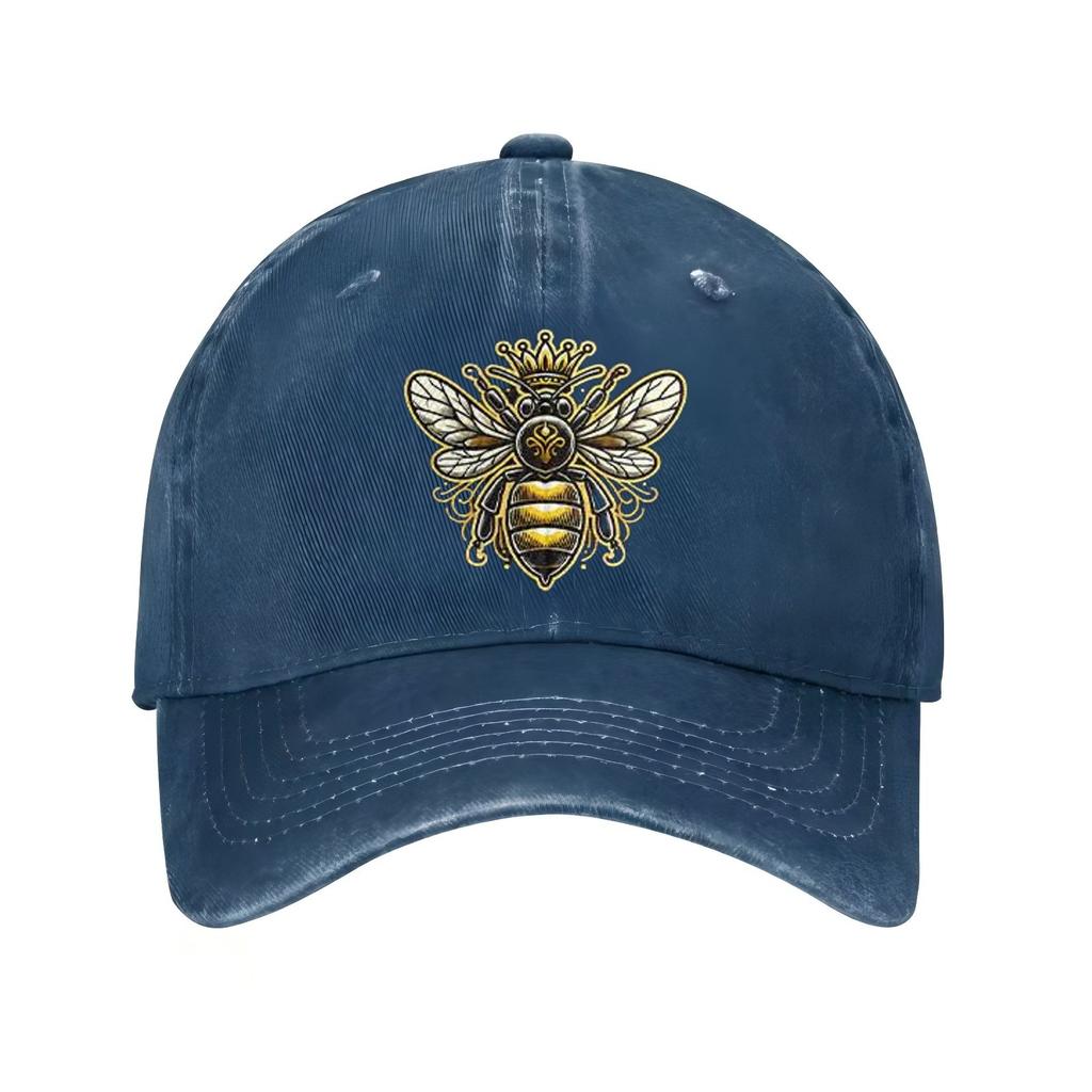Bee Crown Print Baseball Cap Polyester Adjustable SixPanel Casual Distressed Sun Protection Hat