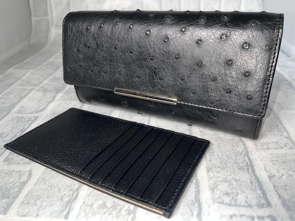 GUODI Long Wallet with Flap, Genuine Ostrich Leather with Card Holder, TK-RP30LW2, Unisex (Black)