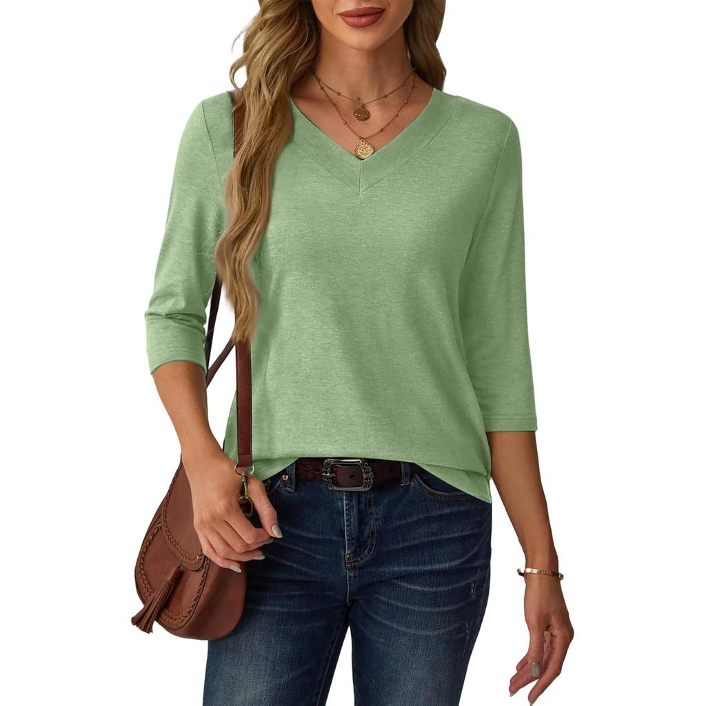 Women's Casual Loose Fit V Neck Pullover Top Three Quarter Sleeve Lightweight Blouse for Everyday Wear