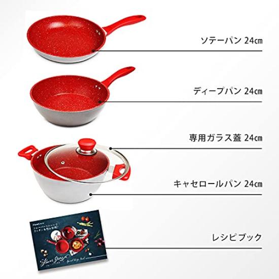 Conjunto de panela e frigideira de pedra Flavor diâmetro IH conjunto de 4 peças, vermelho, compatível, 24cm, []