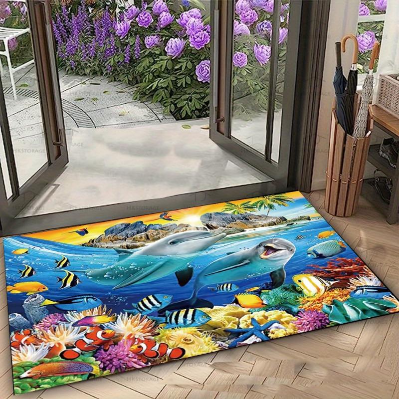 Lively Underwater World Door Mat with Dolphins and Colorful Fish Non-slip Floor Rug for Entrance Home Decorative Mat
