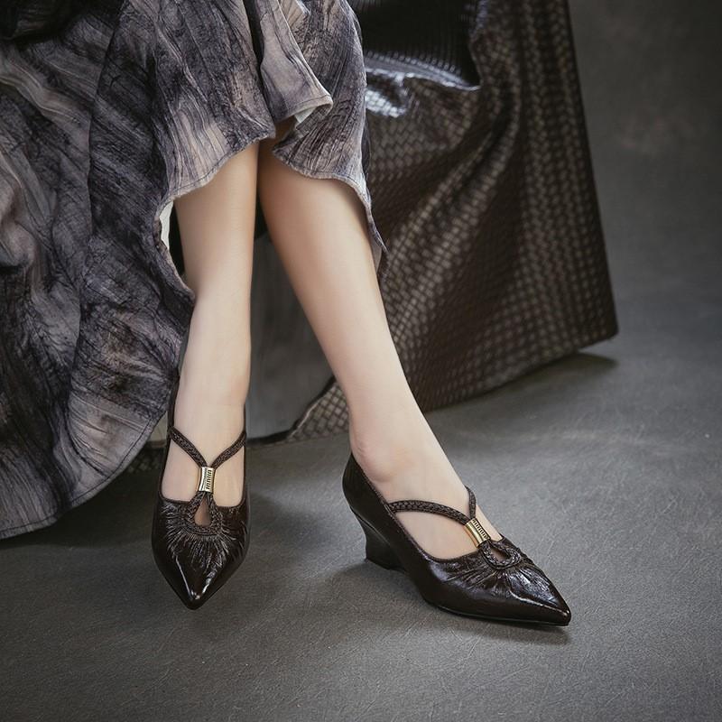 Johnature Retro Pointed Toe High Heels Versatile Genuine Leather And Comfortable Coarse Heels Women's Shoes