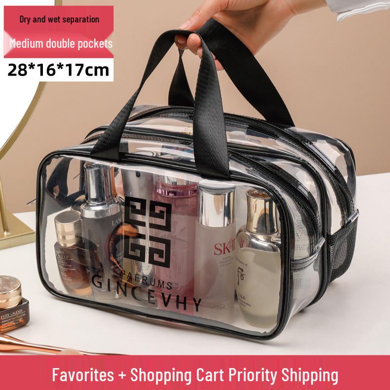 Transparent PVC Toiletry Bag with Wet and Dry Sections - Tea Color Makeup Storage