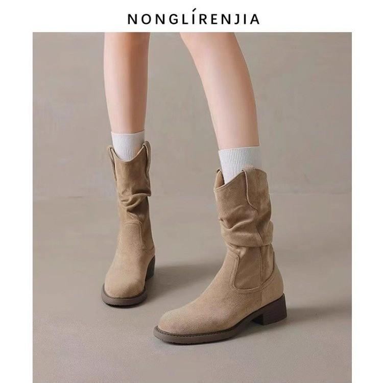 Women Pleated High Heeled Ankle Boots Autumn New Pointed Toe Brown Cowboy Boots Woman Pu Leather Botas Shoes