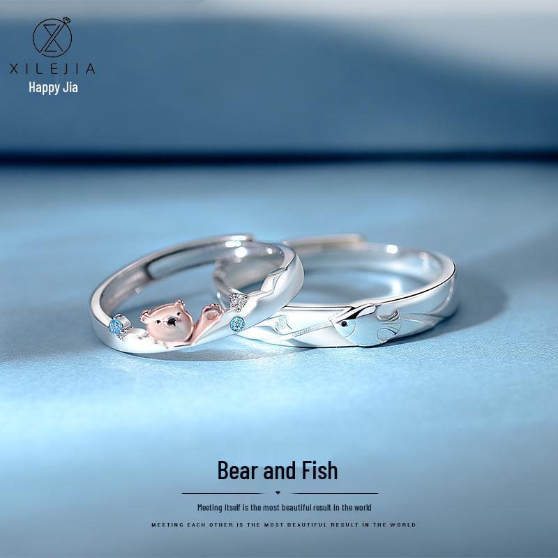 

Unique Bear & Fish S925 Silver Couple Rings - Perfect Birthday Gift Women s Ring