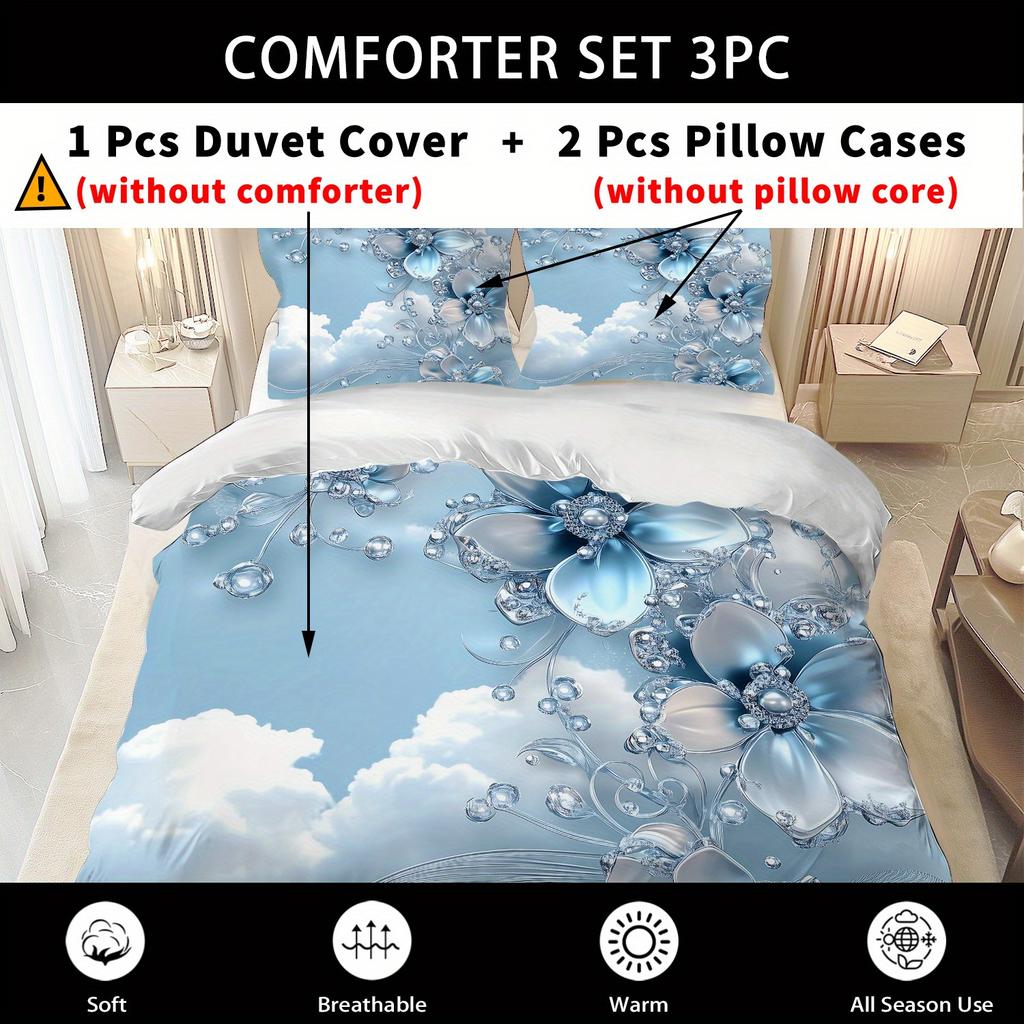 Latacaca 2/3Pcs Blue Crystal Cloud Floral Duvet Cover Set, Wrinkle Fade Resistant Machine Washable Bedding with Pillowcases