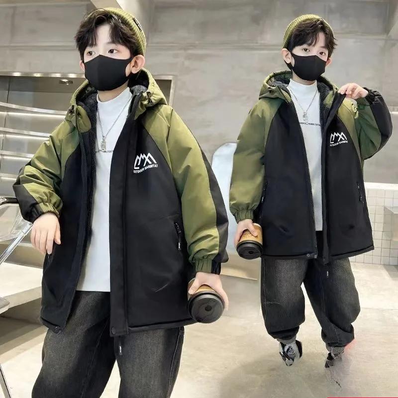 

Зимняя одежда для мальчиков, хлопковая куртка с плюшевой подкладкой, детские зимние утолщенные куртки для мальчиков 130 зелёный