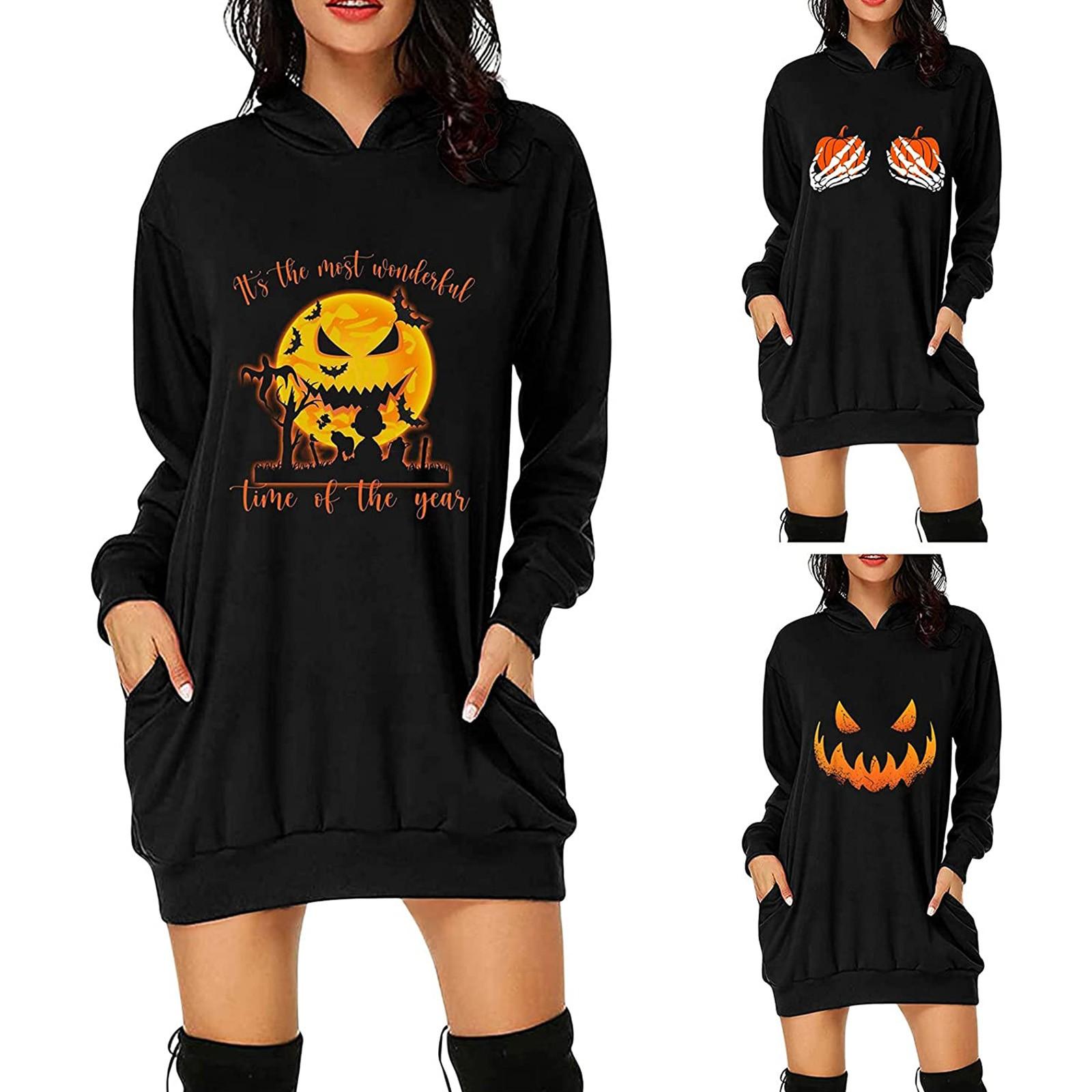 

Женское платье-пуловер с капюшоном и длинными рукавами с принтом на Хэллоуин