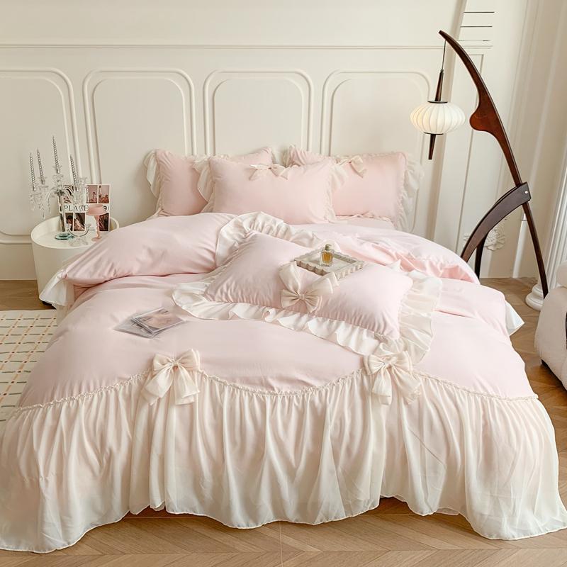 

Korean Style Princess Lace Bow Bedding Set Pink Sweet Girl Chiffon Ruffles Duvet Cover Bed Sheet Pillowcase Wedding Home Textile AU Single size 3 pcs