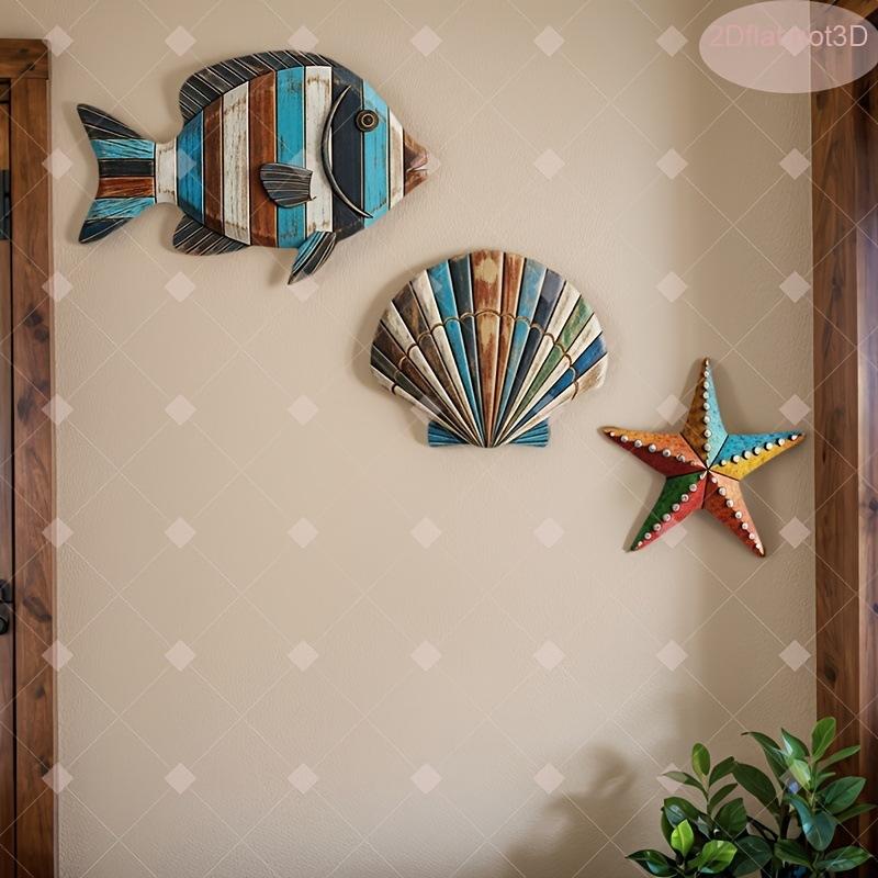 3Pcs/Set Colorful Wooden Ocean Art Wooden Sea Fish Shells Starfish Farmhouse Style Decor Living Room Bedroom Wall Art Decoration