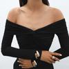 Cross Neck Long Sleeve Shirts For Women Sexy Off Shoulder Solid Slim Short Tops Club Casual Party Bodycon T-shirt Ladies