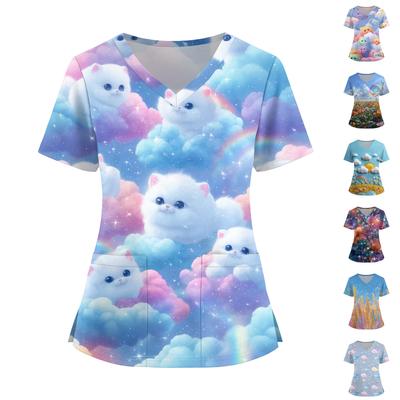 Women's Fashion V,Neck Short Sleeve Overalls With Pockets  Print Tops  Clothes