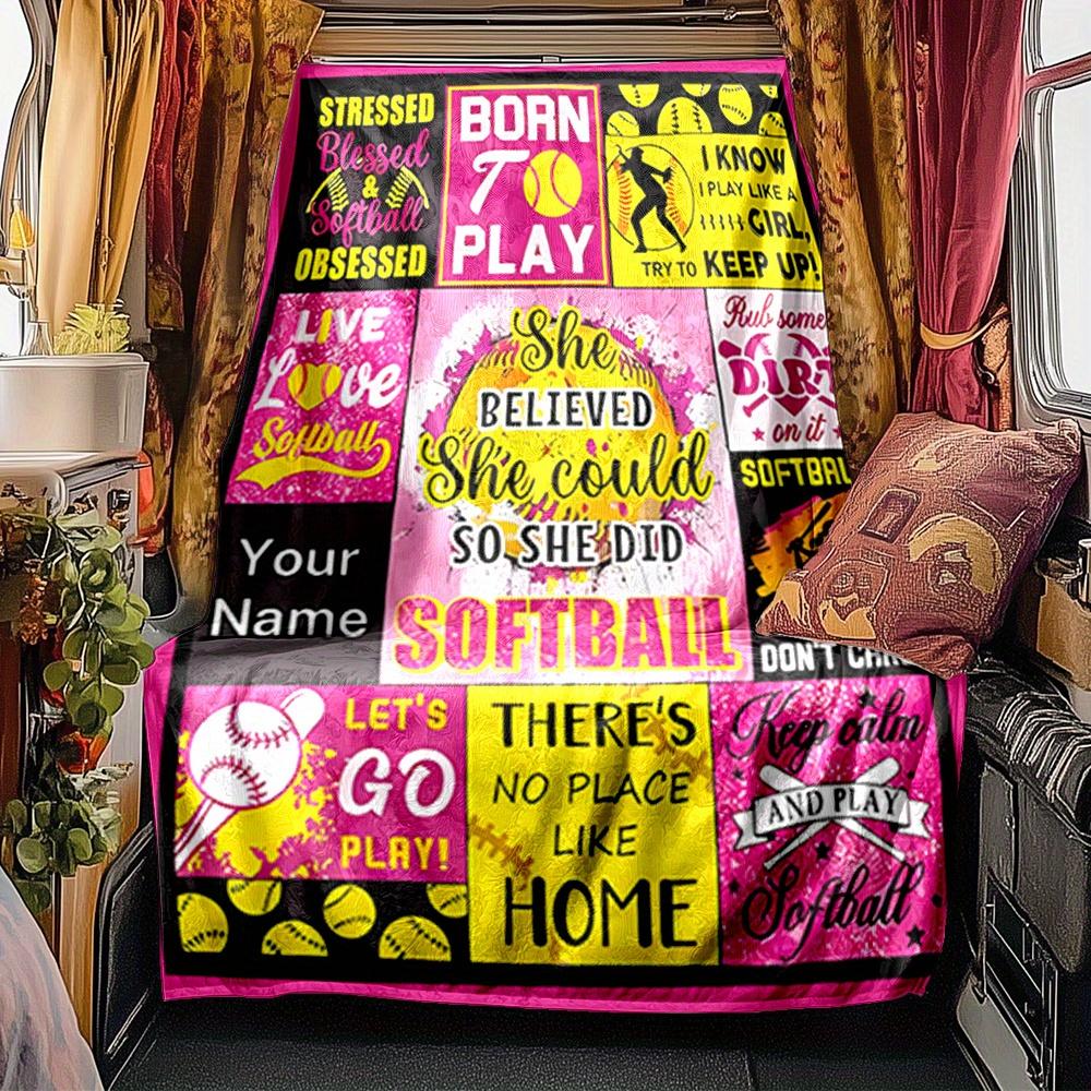 Softball Player Sunflower Blanket Personalized Name Soft Comfortable Stylish Blanket Car Blanket Perfect For Travel Camping Outdoor Home Suitable For