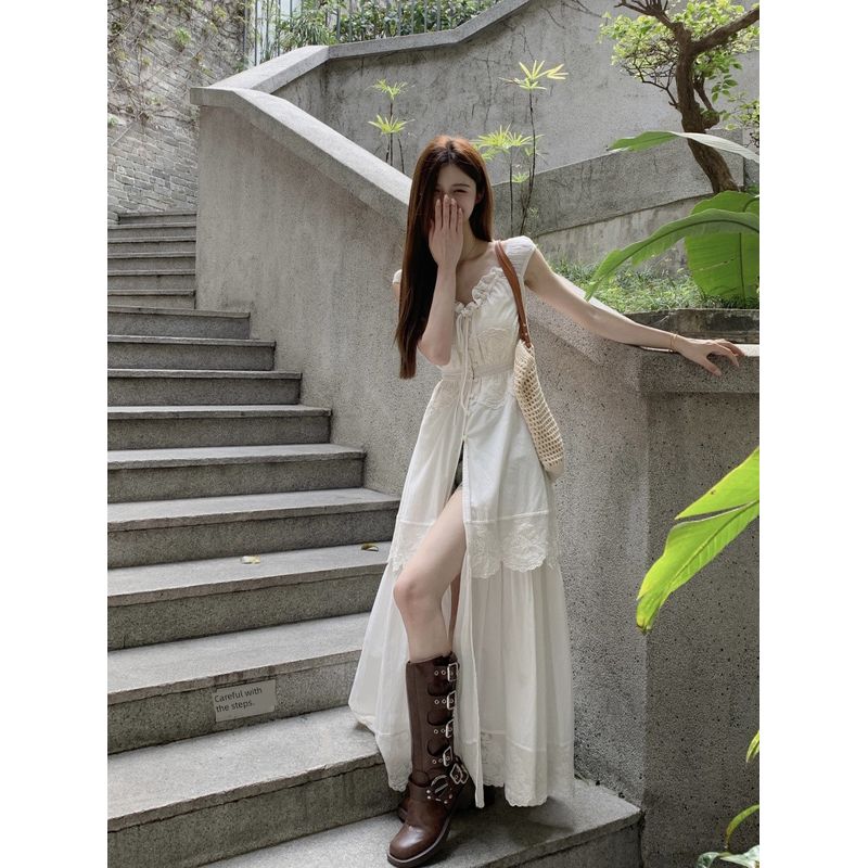 Kumikumi Sweet Style Lace Stitching Embroidery V-neck Dress Women Summer Temperament Waist Hugging Slimming Long Skirt