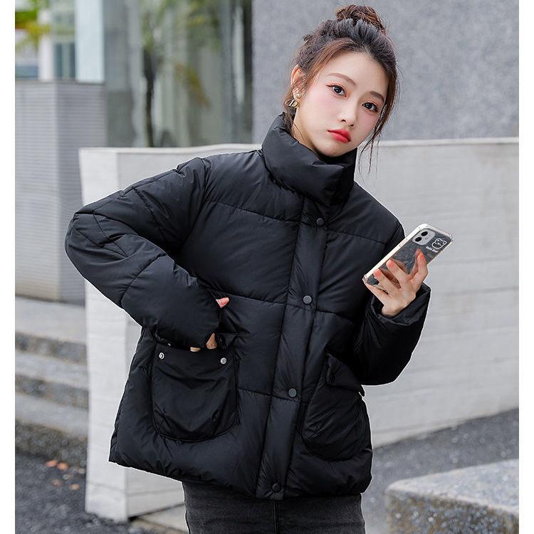 Solid Color Stand Up Collar Cotton Jacket Women's Short Winter Hot Item Simple and Loose Western Style Cotton Jacket