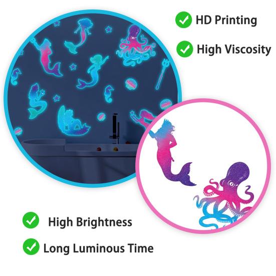 Under The Sea Glow In The Dark Wall Decals, Mermaids Seahorse Shells Luminous Sticker for Girls Room, Nursery, Bathroom, Ceiling, Wall Decor