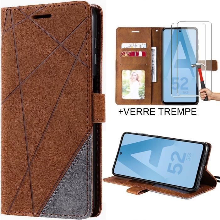 Case for Samsung A52 4G-5G A52s 5G - Brown Synthetic Leather + 2 Scratch-Resistant Tempered Glasses