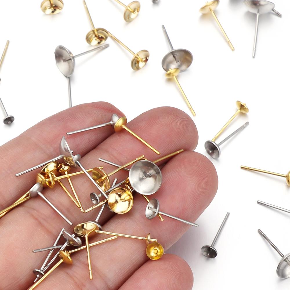 20/100Pcs 3-10mm Gold Color Stainless Steel Ear Studs Earrings Earring Base For Pearl Ear Jewelry Making DIY Earring Accessories